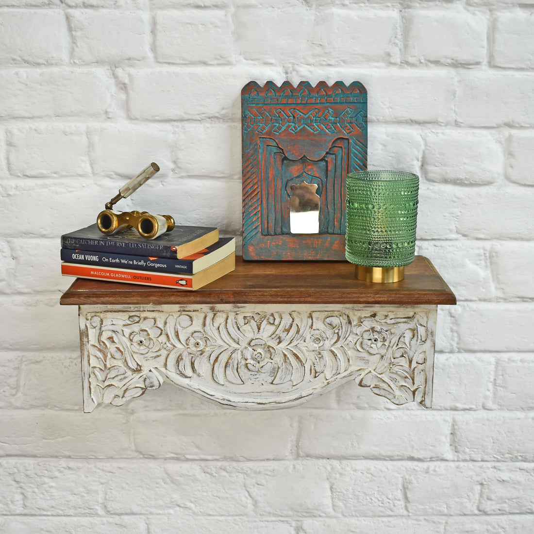 Avira White Carved Wooden Wall Shelf