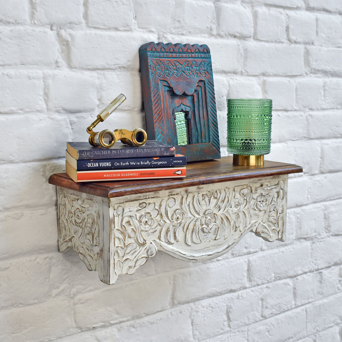 Avira White Carved Wooden Wall Shelf