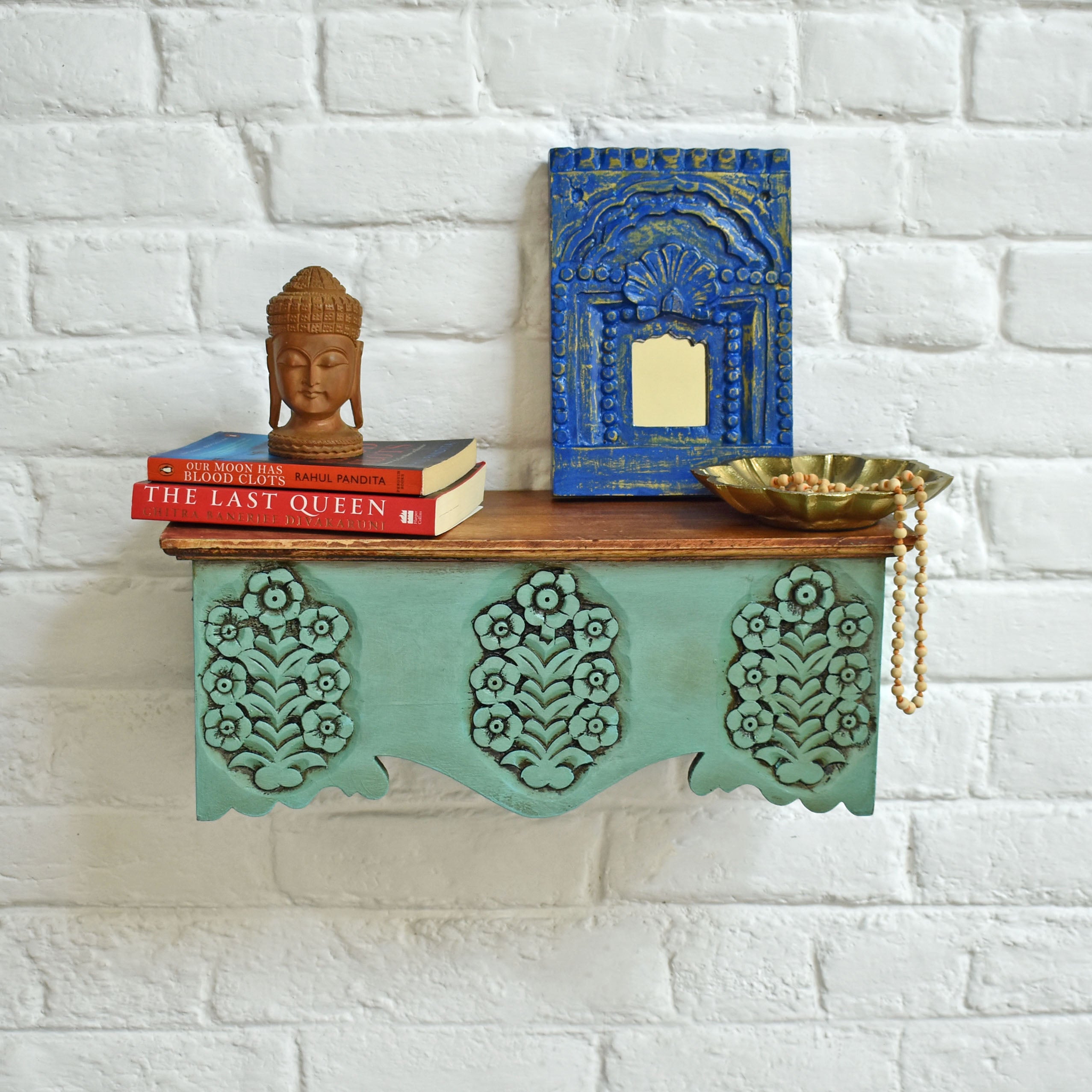 Shyamali Teal Carved Wooden Wall Shelf