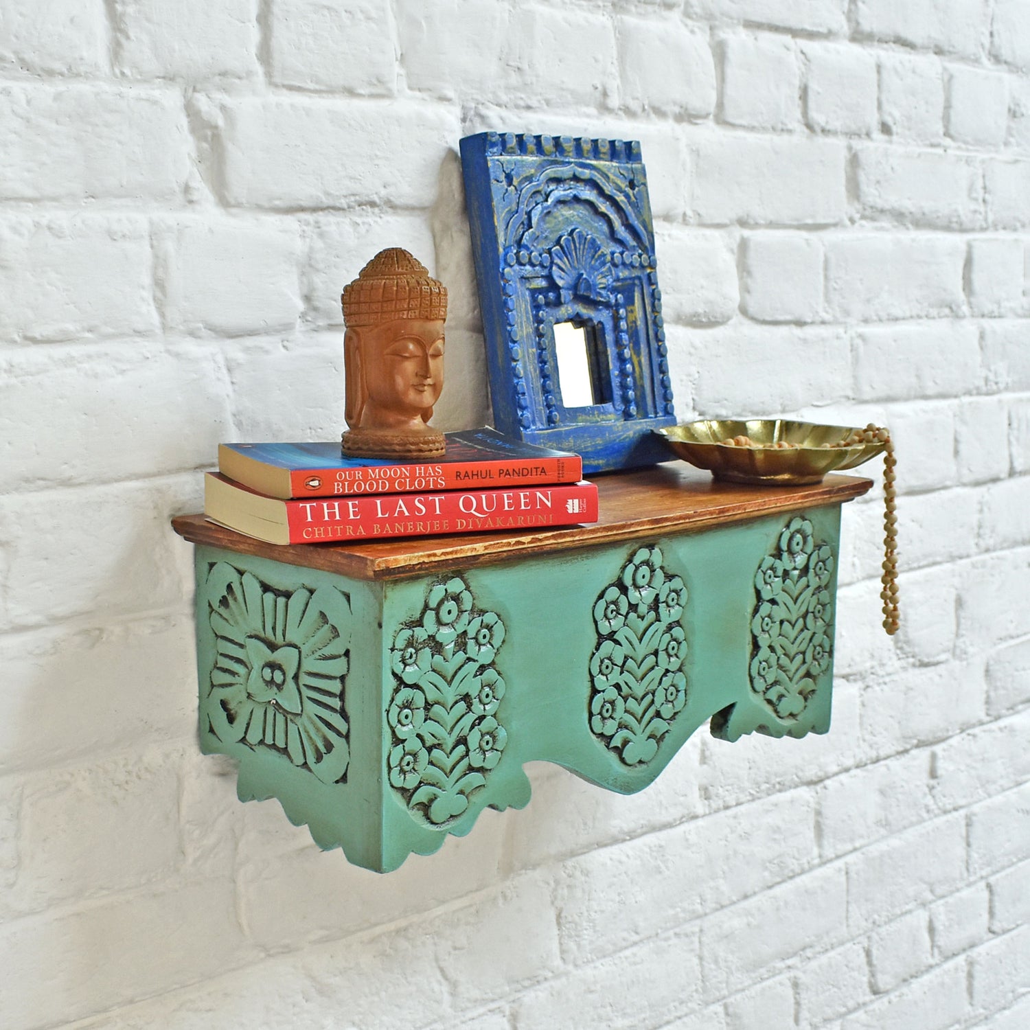 Shyamali Teal Carved Wooden Wall Shelf