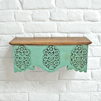 Shyamali Teal Carved Wooden Wall Shelf