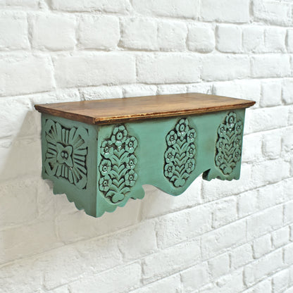 Shyamali Teal Carved Wooden Wall Shelf