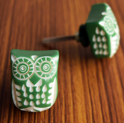 Hootie Green Owl Resin Cupboard Cabinet Dresser Knob