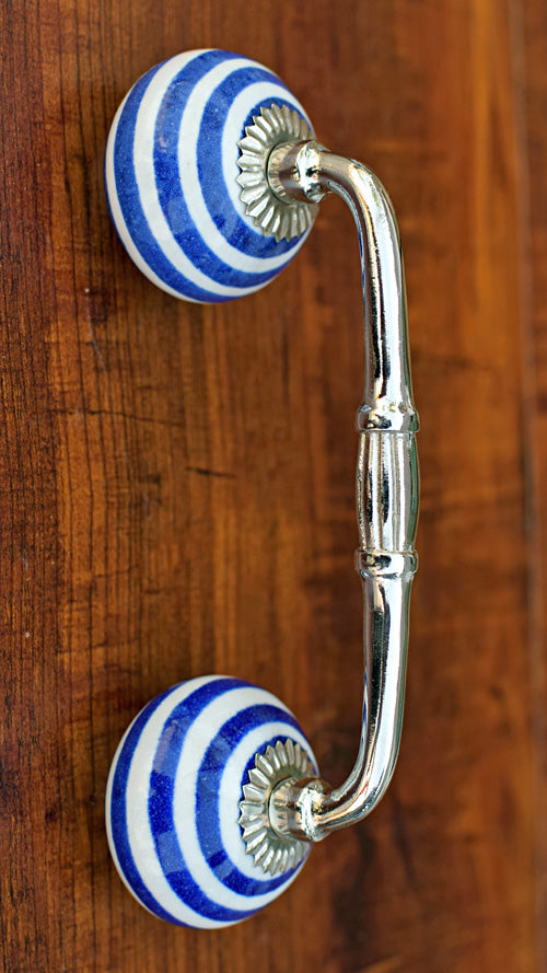 Waikiki Blue Stripes Ceramic Knob Silver Door Handle and Pull