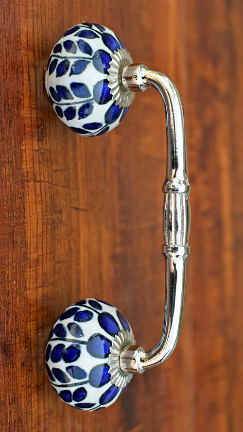 Zion Blue Vine Ceramic Knob Silver Cabinet Door Handle and Pull