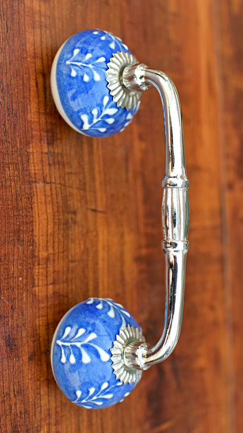 Zava Blue Ceramic Knob Silver Cabinet Door Handle and Pull