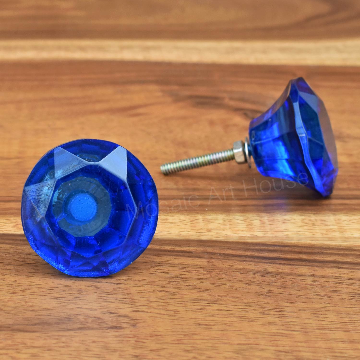 Ahir Blue Diamond Cut Glass Cabinet Door Knob and Pull