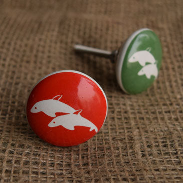 Rouge and Moss Dolphin Ceramic Cabinet Knob and Drawer Pull