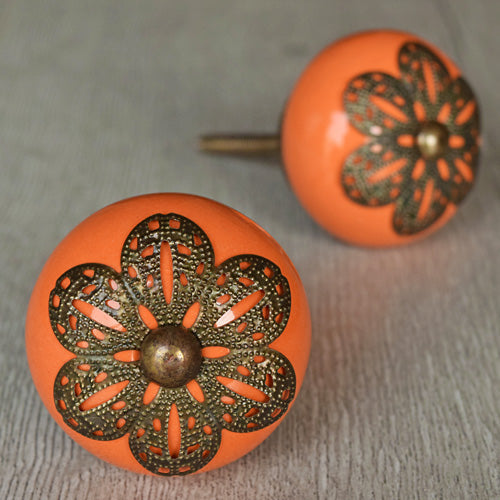 Orange Marmalade Filigree Ceramic Cabinet Knob