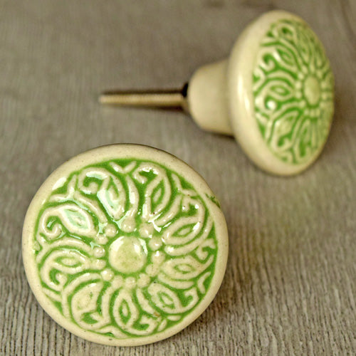 Chikankari Green Flower Ceramic Drawer Knob