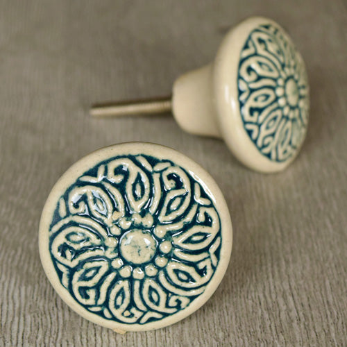 Chikankari Teal Flower Ceramic Drawer Knob