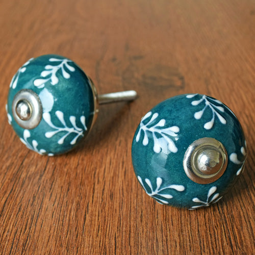 Safi Teal Flower Ceramic Cabinet Wardrobe Knob