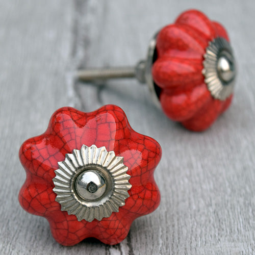 Folkestone Red Crackled Melon Ceramic Cabinet Dresser Knob