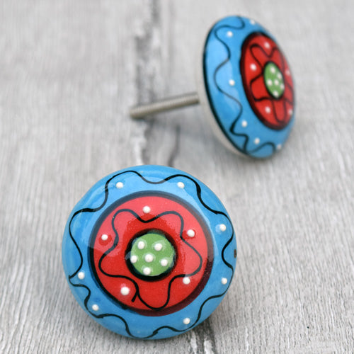 Malkauns Red Blue Ceramic Cabinet Dresser Knob and Pull