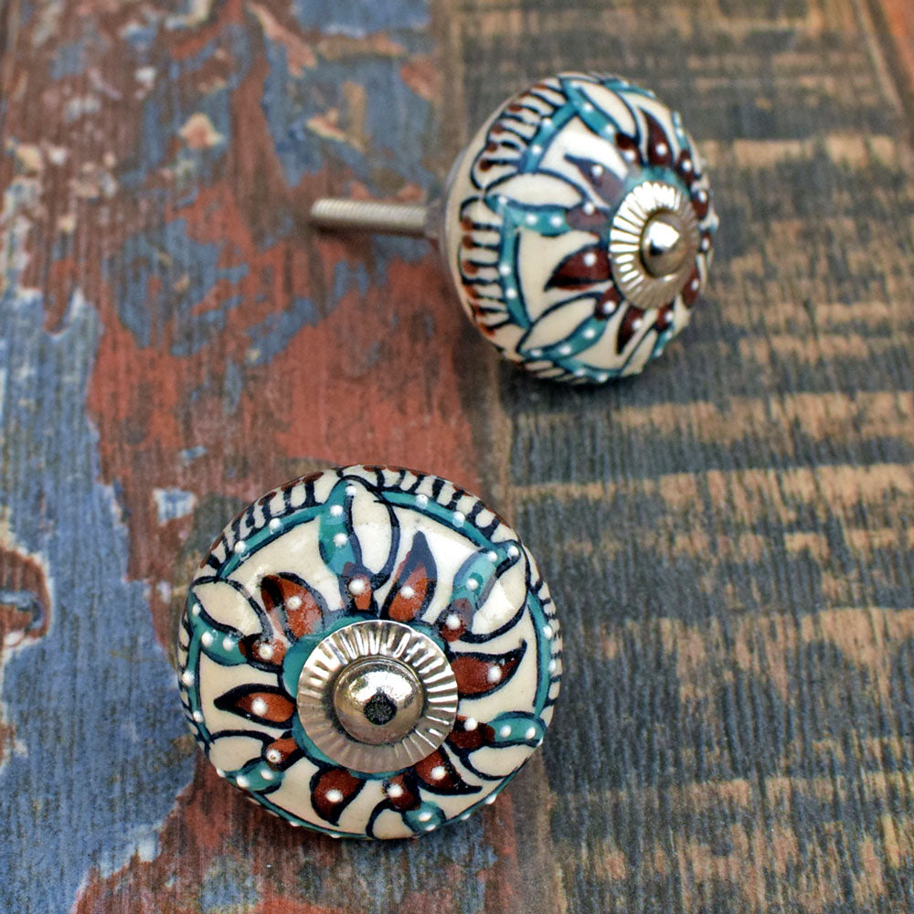 Blue Brown Ajrakh Ceramic Cabinet Dresser Knob and Pull