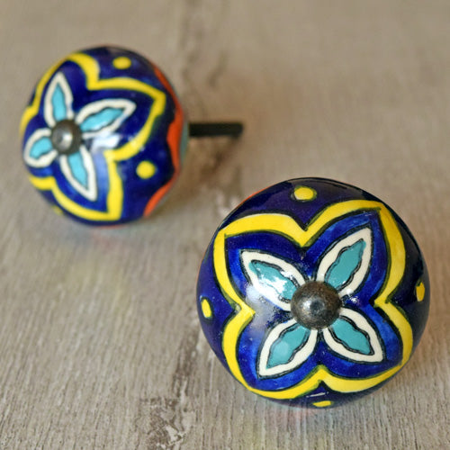 Ziro Blue and Yellow Ceramic Cupboard Door Knob