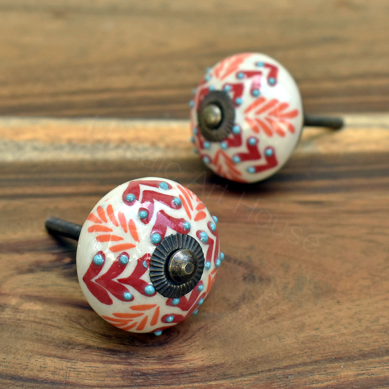 Kantha Red Floral Ceramic Cupboard Door Knob