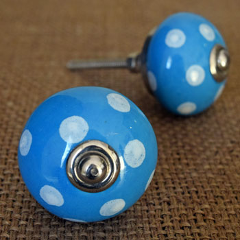 Polka Perfect White and Blue Ceramic Cupboard Door Knob