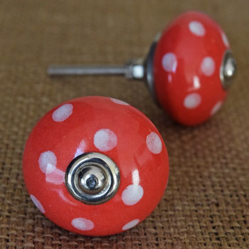 Polka Pop White and Red Ceramic Cupboard Door Knob