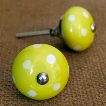 Polka Pals White and Yellow Ceramic Cupboard Door Knob