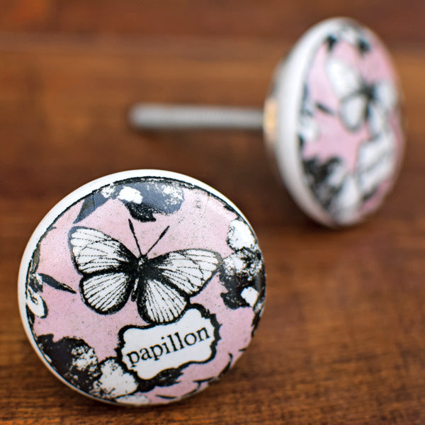 Pink Butterfly Ceramic Cupboard Door Knob