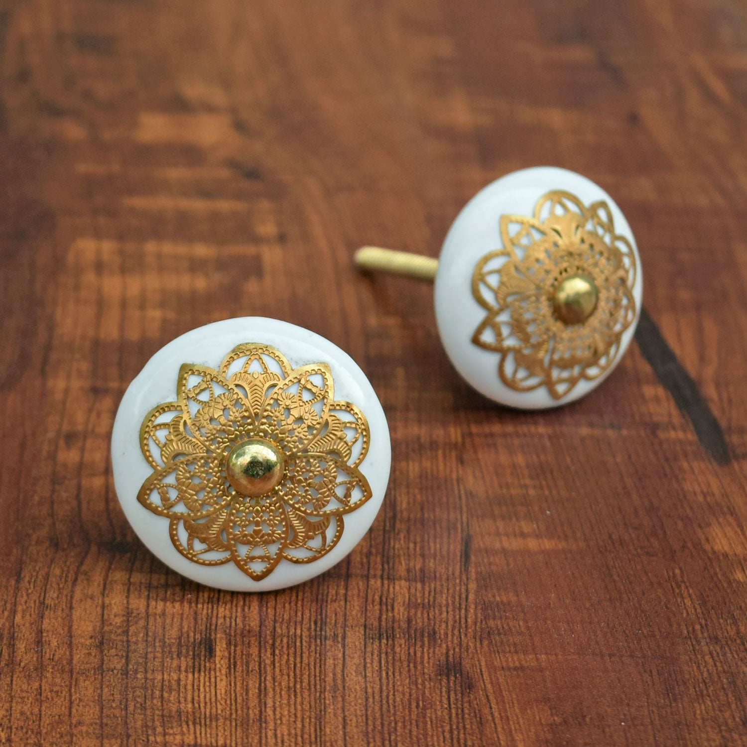 Inca Gold Filigree White Ceramic Cabinet Door Knob