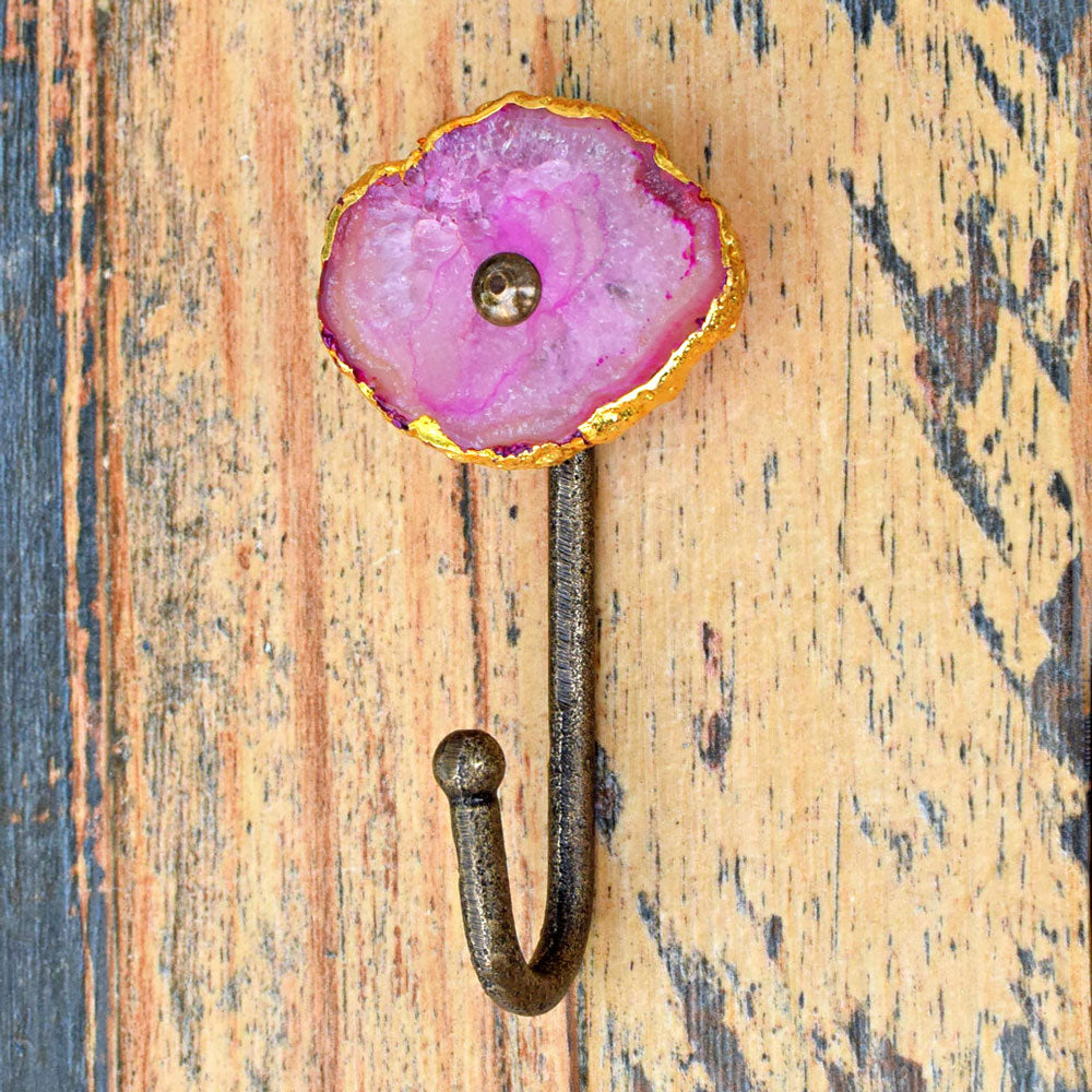 Glittering Geode Pink Agate Antique Wall Hook