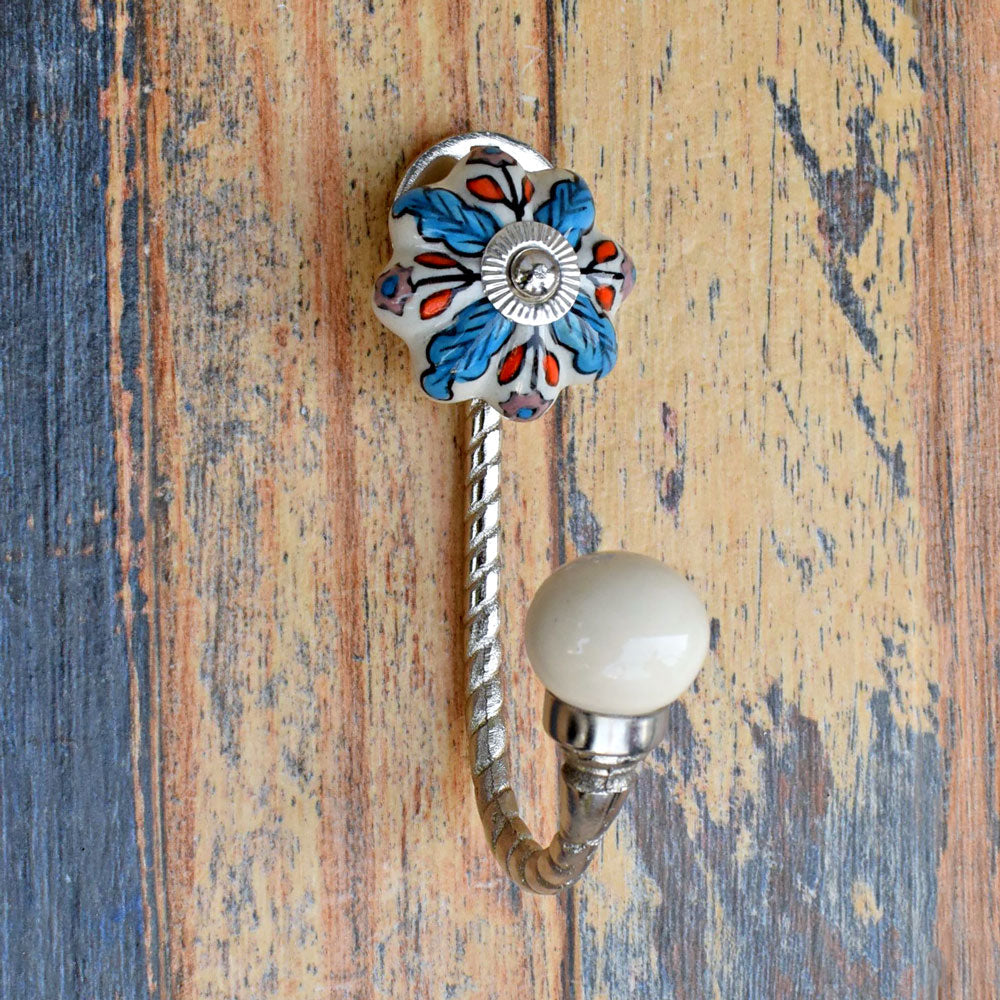 Earthy Elegance Floral Ceramic Knob Silver Wall Hook