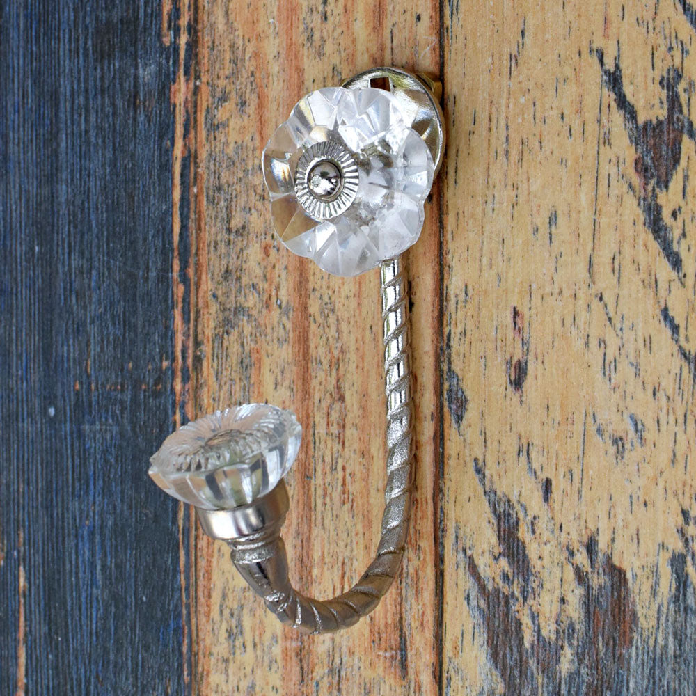 Frosted Elegance Diamond Glass Knob Silver Coat Hook