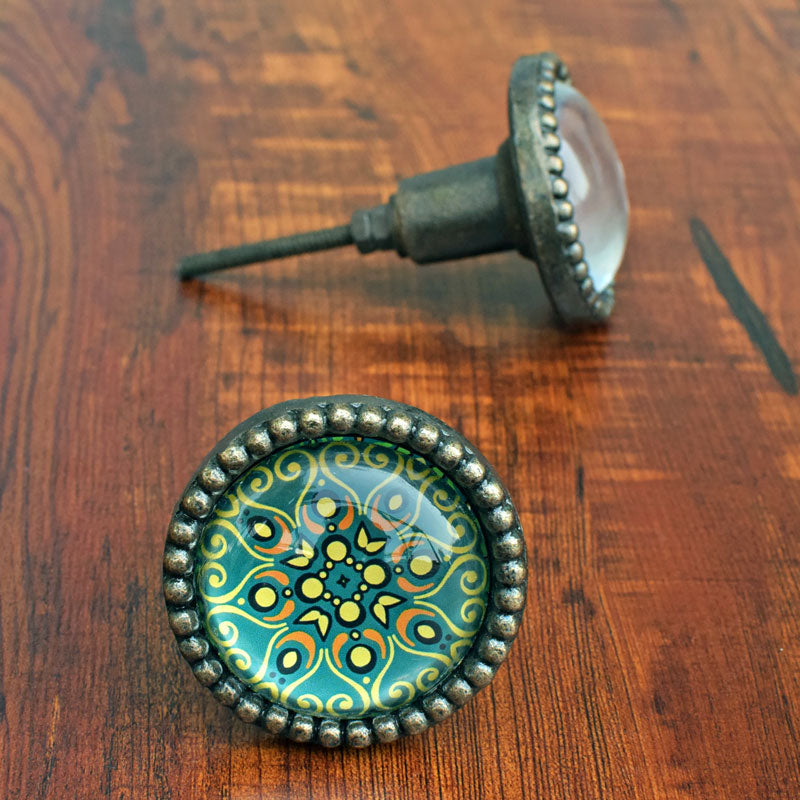 Seafoam Mandala Metal Glass Drawer Knob and Pull