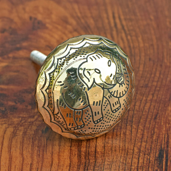 Etched Elephant Round Brass Knob