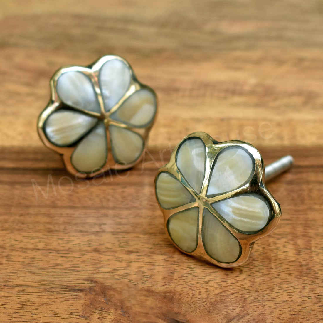 flower shaped brass and mother of pearl drawer knobs