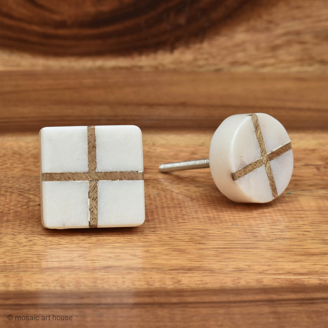 White Stone Wood Inlay Cupboard Drawer Knob