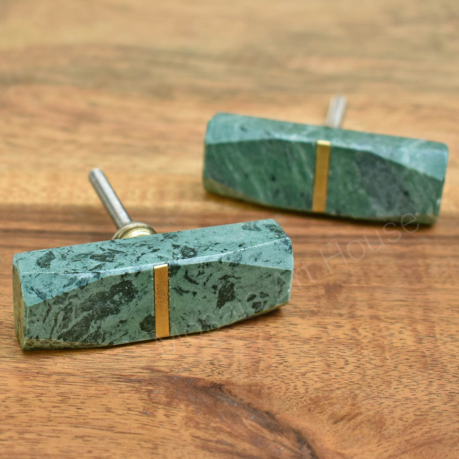 Chiseled Green Granite Brass Inlay Drawer Knob