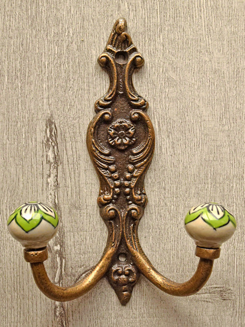 Aberdeen Cast Iron Green White Ceramic Double Wall Hook