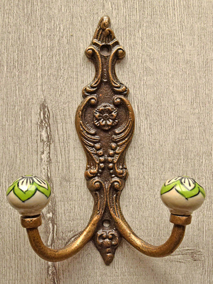 Aberdeen Cast Iron Green White Ceramic Double Wall Hook