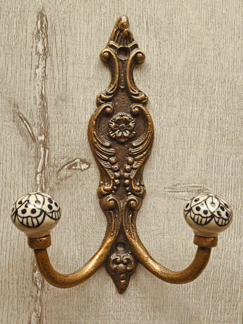 Aberdeen Cast Iron Black White Ceramic Double Wall Hook