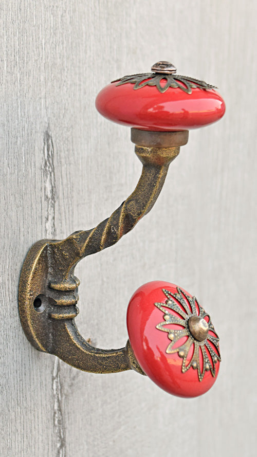 Maori Swirled Cast Iron Red Ceramic Knob Wall Hook