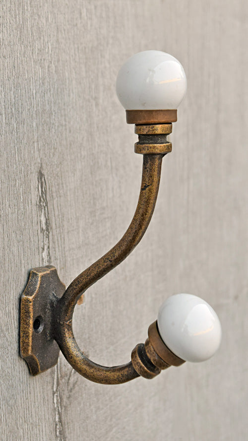 Pipal Cast Iron White Ceramic Knob Coat Wall Hook