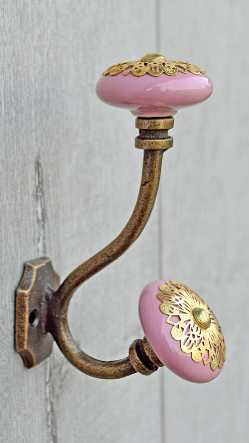 Pipal Cast Iron Pink Ceramic Knob Coat Wall Hook