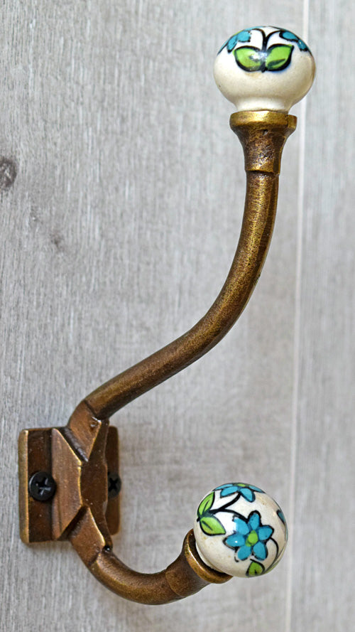 Bursa Cast Iron Blue Ceramic Knob Coat and Towel Wall Hook