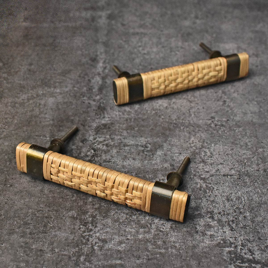 rattan and antique brass cabinet handle